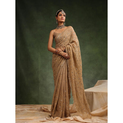 CHARU MAKKAR Beige Nutmeg Embellished Saree with Unstitched Blouse