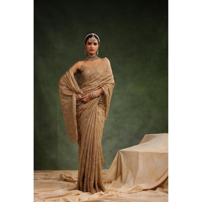 CHARU MAKKAR Beige Nutmeg Embellished Saree with Unstitched Blouse