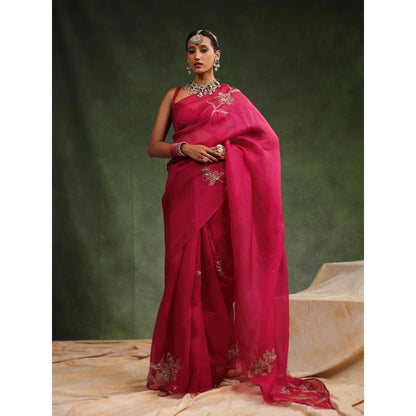 CHARU MAKKAR Pink Embellished Saree with Unstitched Blouse