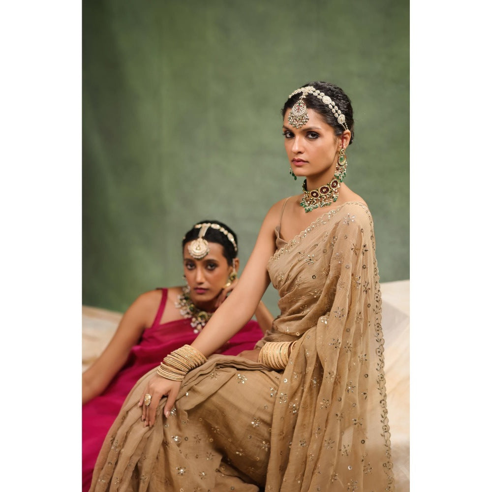 CHARU MAKKAR Pink Embellished Saree with Unstitched Blouse