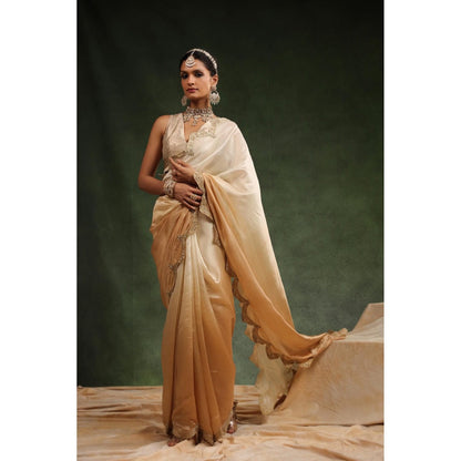 CHARU MAKKAR Cream Embellished Saree with Unstitched Blouse