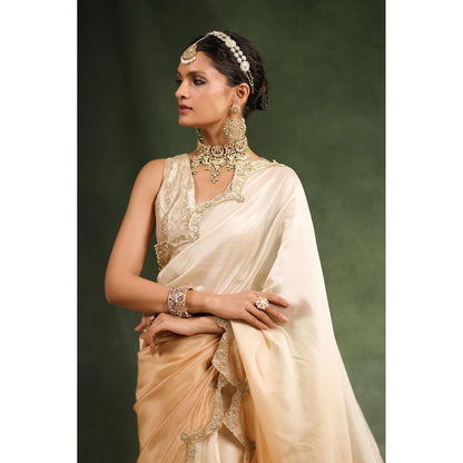 CHARU MAKKAR Cream Embellished Saree with Unstitched Blouse