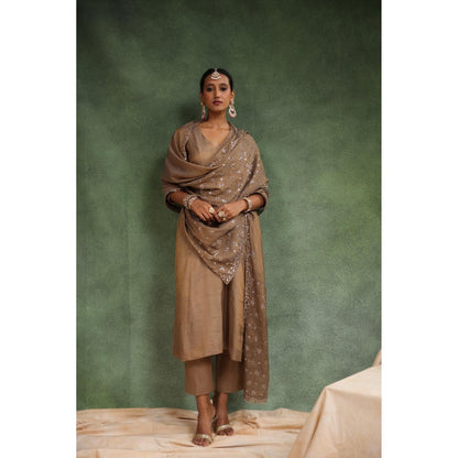 CHARU MAKKAR Taupe Brick-O-La Kurta with Pant and Dupatta (Set of 3)