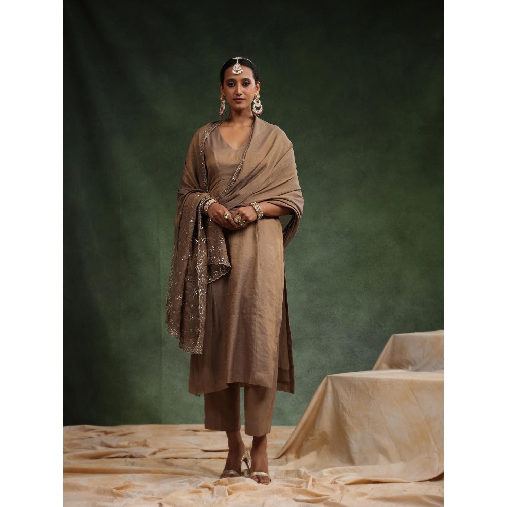 CHARU MAKKAR Taupe Brick-O-La Kurta with Pant and Dupatta (Set of 3)
