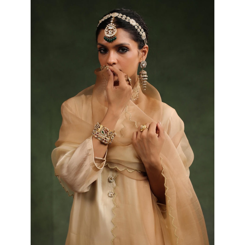 CHARU MAKKAR Beige Poncy Kurta with Pant and Dupatta (Set of 3)
