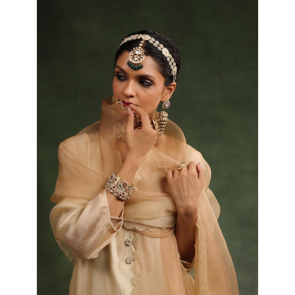 CHARU MAKKAR Beige Poncy Kurta with Pant and Dupatta (Set of 3)