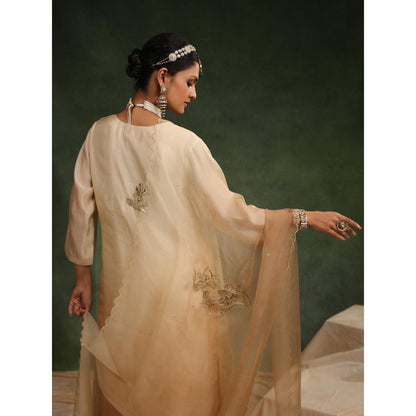 CHARU MAKKAR Beige Poncy Kurta with Pant and Dupatta (Set of 3)