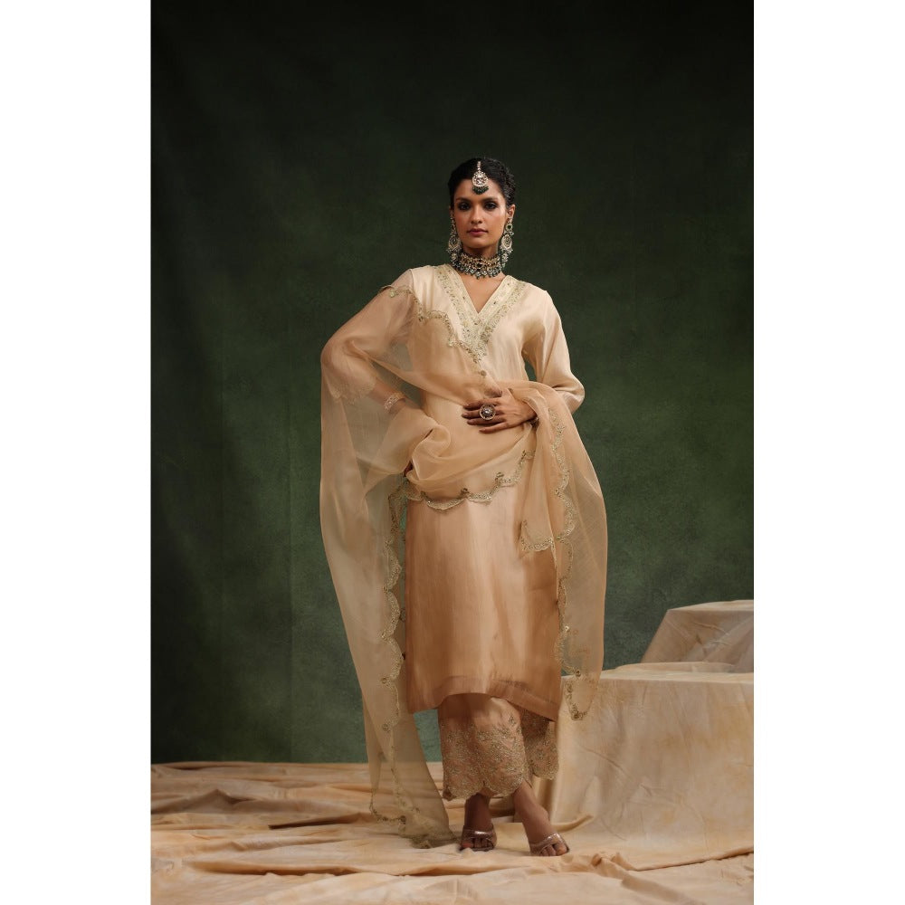 CHARU MAKKAR Beige Mocha Kurta with Pant and Dupatta (Set of 3)