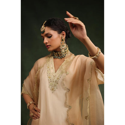 CHARU MAKKAR Beige Mocha Kurta with Pant and Dupatta (Set of 3)
