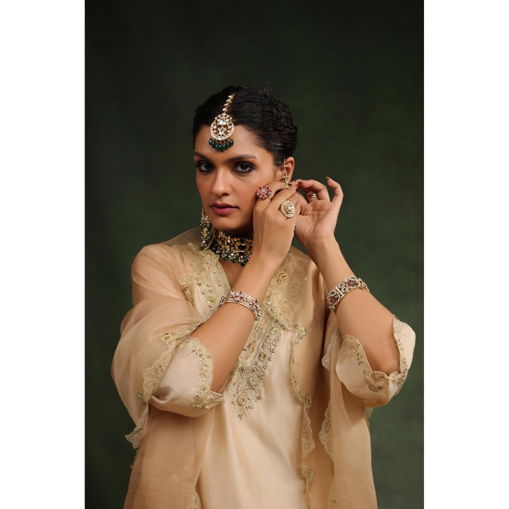 CHARU MAKKAR Beige Mocha Kurta with Pant and Dupatta (Set of 3)