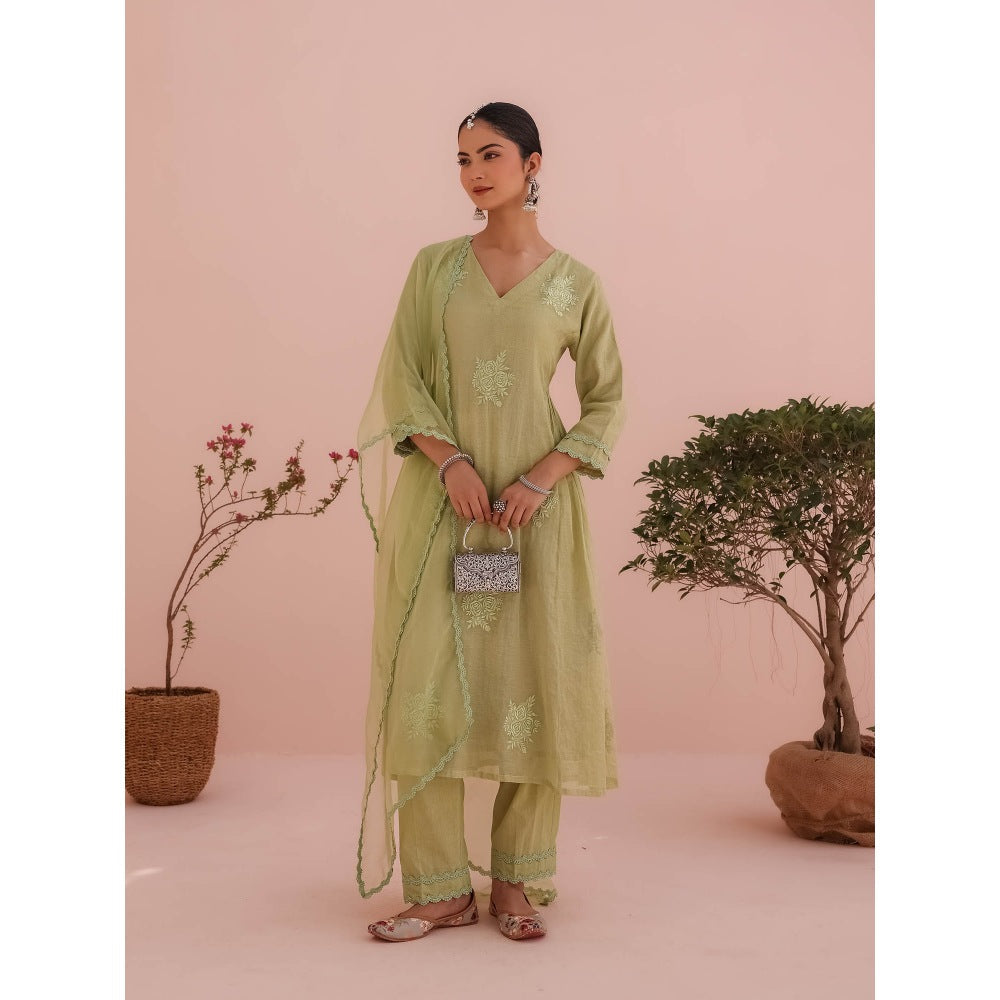 CHARU MAKKAR Elaichi Green Kurta with Pant and Dupatta (Set of 3)