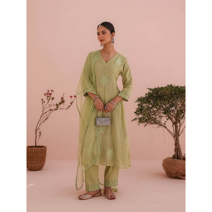 CHARU MAKKAR Elaichi Green Kurta with Pant and Dupatta (Set of 3)