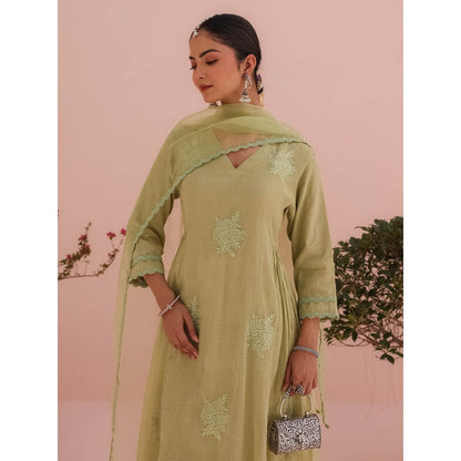 CHARU MAKKAR Elaichi Green Kurta with Pant and Dupatta (Set of 3)