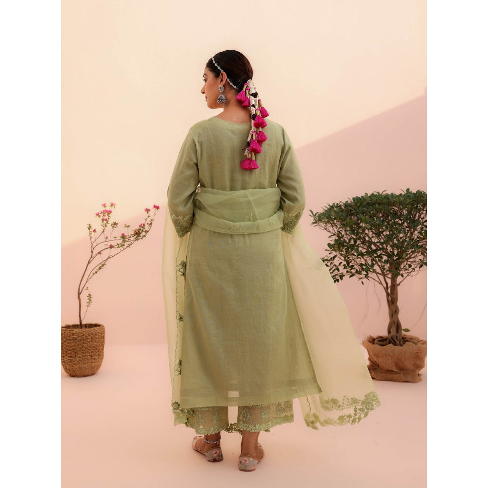CHARU MAKKAR Tara Elaichi Green Kurta with Pant and Dupatta (Set of 3)