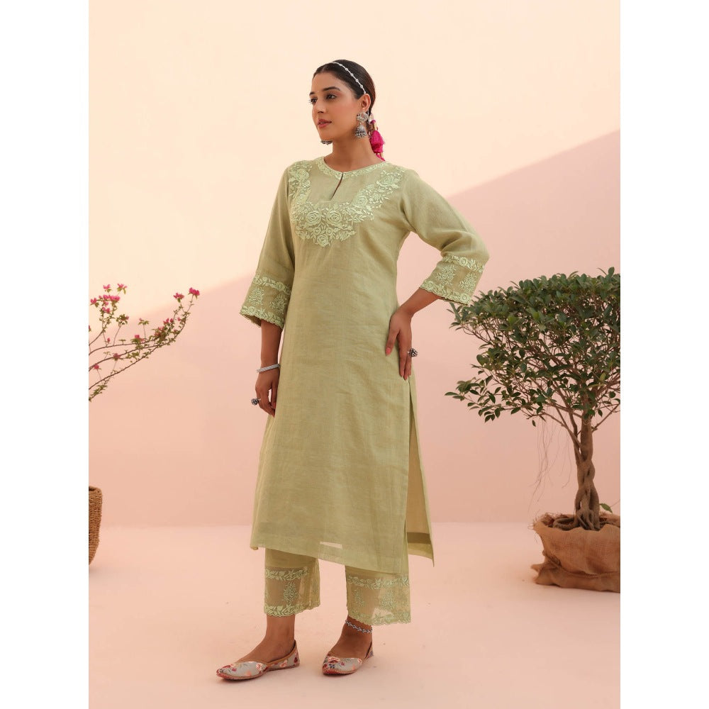CHARU MAKKAR Tara Elaichi Green Kurta with Pant and Dupatta (Set of 3)