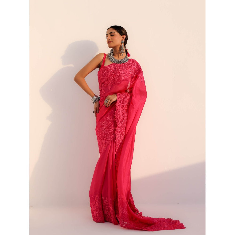 CHARU MAKKAR Myra Rani Pink Saree with Stitched Blouse