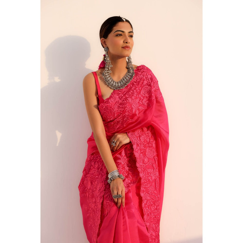 CHARU MAKKAR Myra Rani Pink Saree with Stitched Blouse