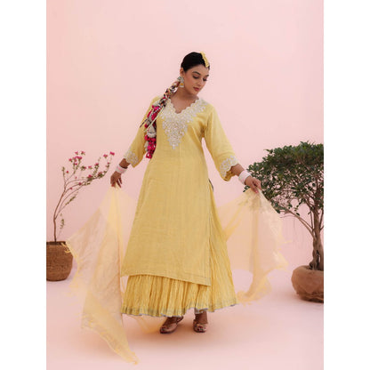 CHARU MAKKAR Mehr Lemon Yellow Kurta with Skirt and Dupatta (Set of 3)