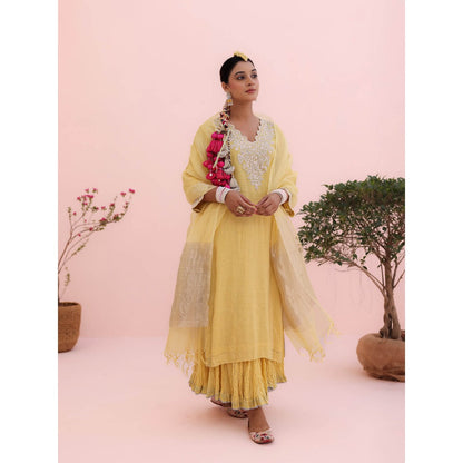 CHARU MAKKAR Mehr Lemon Yellow Kurta with Skirt and Dupatta (Set of 3)
