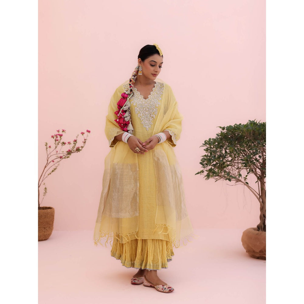 CHARU MAKKAR Mehr Lemon Yellow Kurta with Skirt and Dupatta (Set of 3)