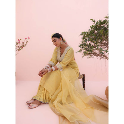 CHARU MAKKAR Mehr Lemon Yellow Kurta with Skirt and Dupatta (Set of 3)