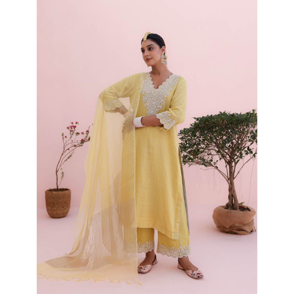 CHARU MAKKAR Mehr Lemon Yellow Palazzo with Kurta and Dupatta (Set of 3)