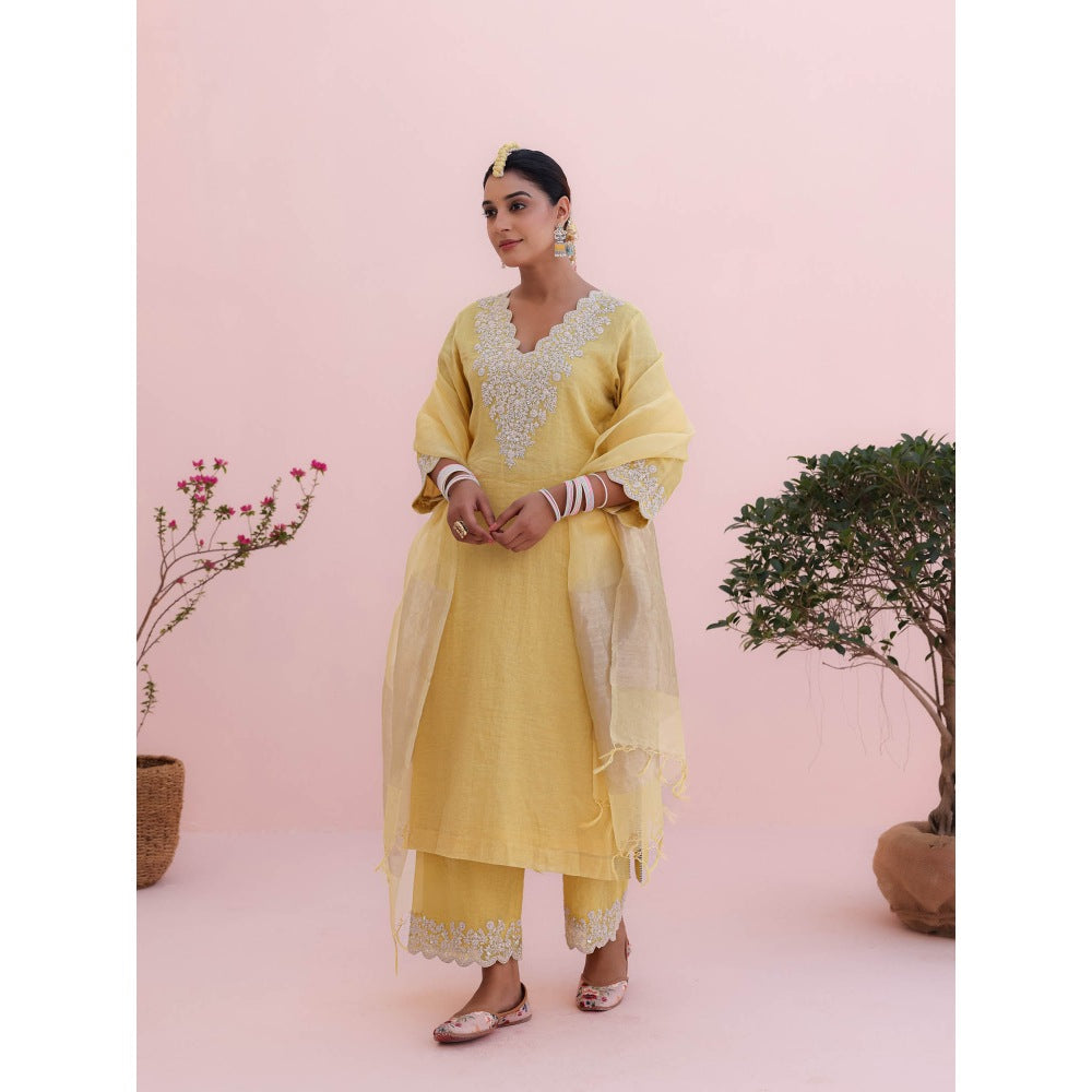 CHARU MAKKAR Mehr Lemon Yellow Palazzo with Kurta and Dupatta (Set of 3)