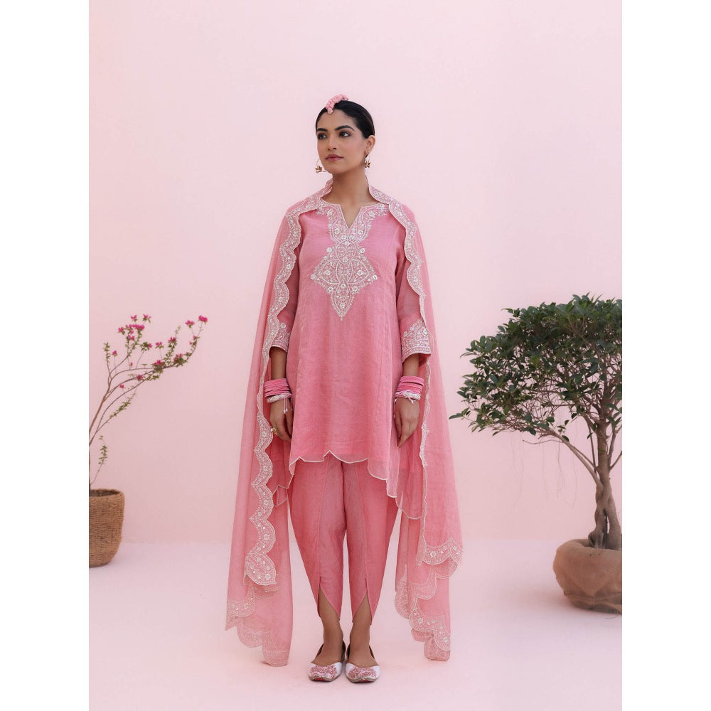 CHARU MAKKAR Siya Rose Pink Kurti with Dhoti and Dupatta (Set of 3)