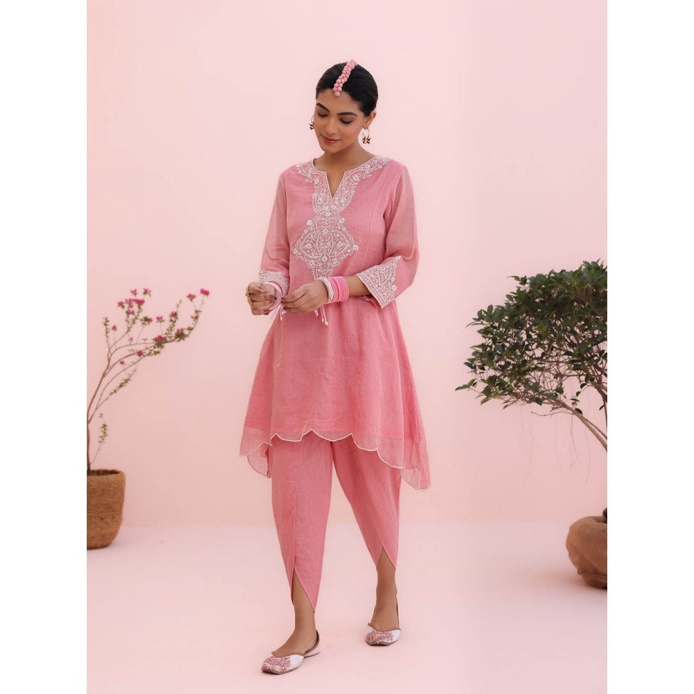 CHARU MAKKAR Siya Rose Pink Kurti with Dhoti and Dupatta (Set of 3)