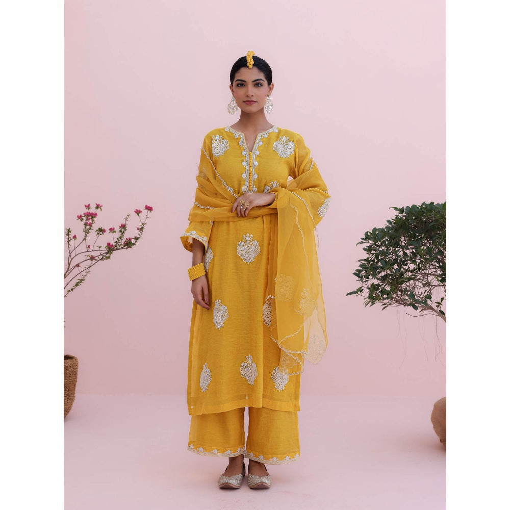 CHARU MAKKAR Mustard Yellow Kurta with Palazzo and Dupatta (Set of 3)