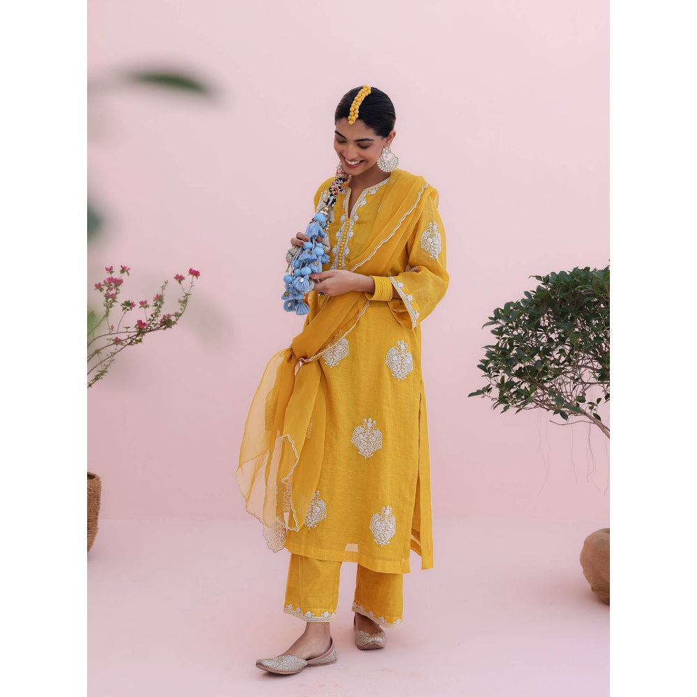 CHARU MAKKAR Mustard Yellow Kurta with Palazzo and Dupatta (Set of 3)