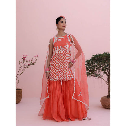 CHARU MAKKAR Coral Kurta with Sharara and Dupatta (Set of 3)
