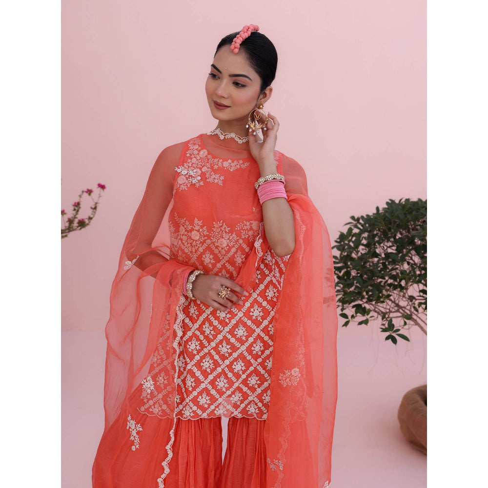 CHARU MAKKAR Coral Kurta with Sharara and Dupatta (Set of 3)