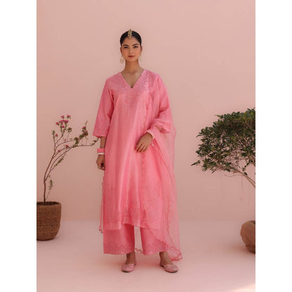 CHARU MAKKAR Isha Rose Pink Kurta with Palazzo and Dupatta (Set of 3)