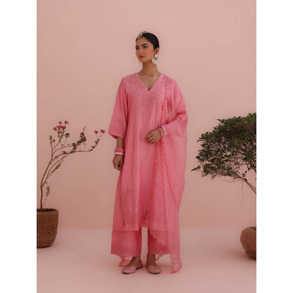 CHARU MAKKAR Isha Rose Pink Kurta with Palazzo and Dupatta (Set of 3)