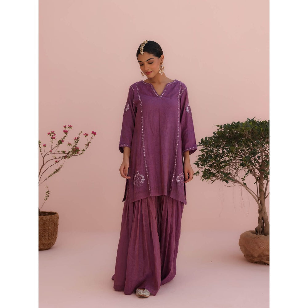 CHARU MAKKAR Purple Kurti with Sharara and Dupatta (Set of 3)