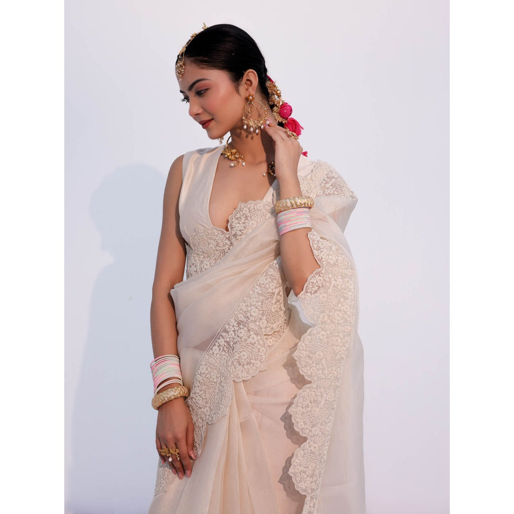 CHARU MAKKAR Myra Pearl White Saree with Stitched Blouse