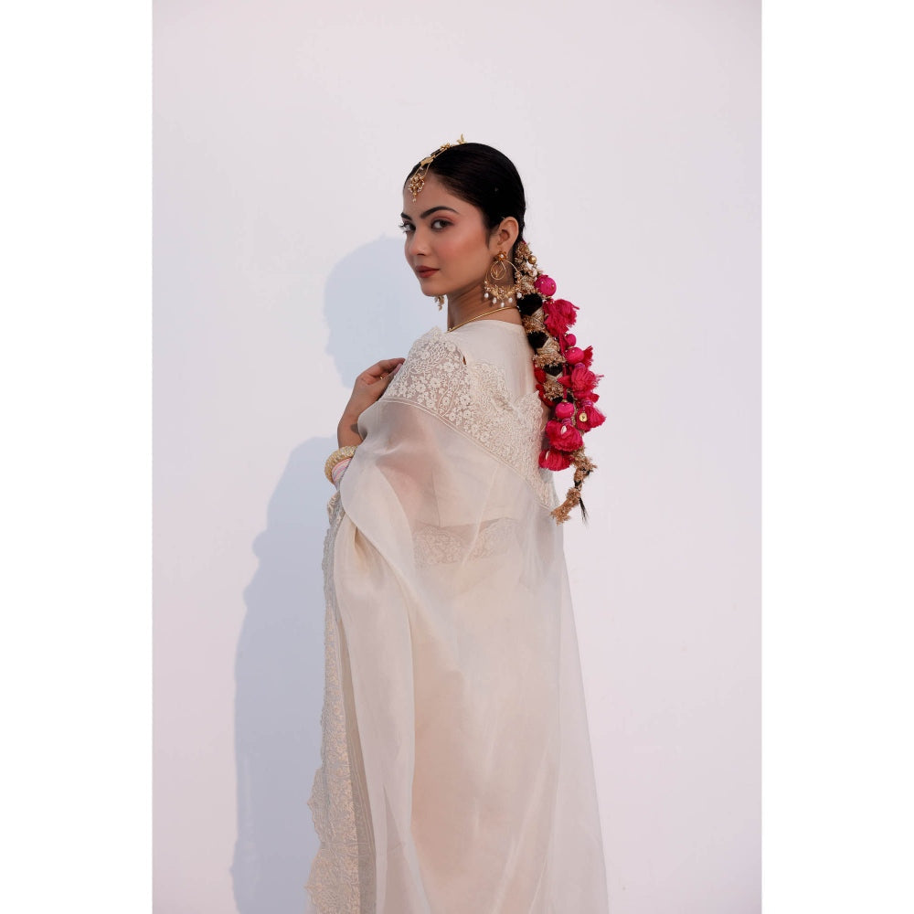 CHARU MAKKAR Myra Pearl White Saree with Stitched Blouse