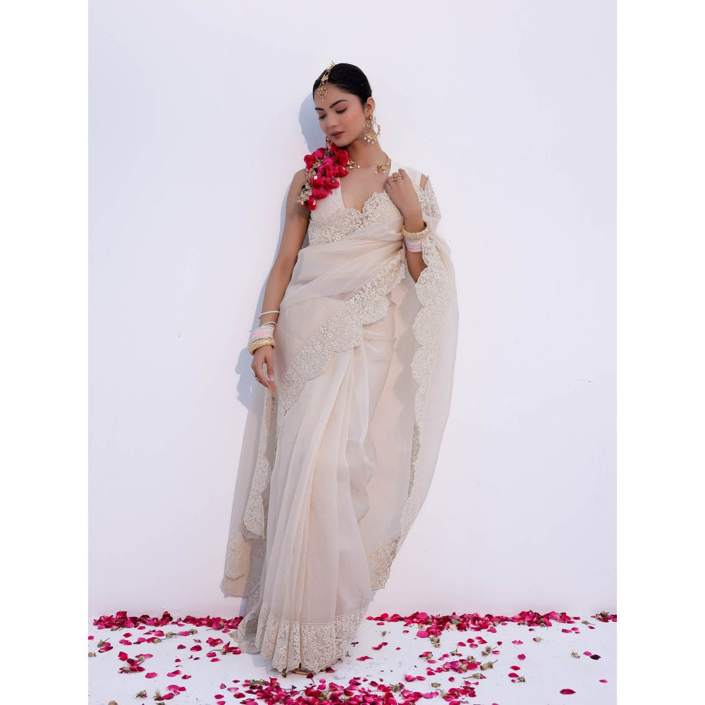 CHARU MAKKAR Myra Pearl White Saree with Stitched Blouse