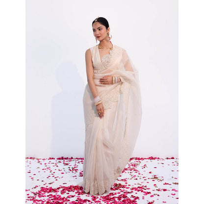 CHARU MAKKAR Myra Pearl White Saree with Stitched Blouse