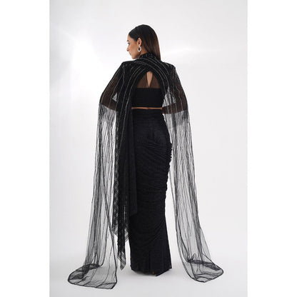 CHAASHNI BY MAANSI & KETAN Black Embellished Cape Style Drape Saree with Stitched Blouse