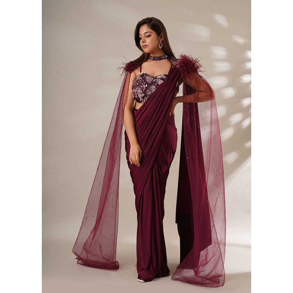 CHAASHNI BY MAANSI & KETAN Embellished Maroon Pre-Drape Saree with Stitched Blouse and Cape