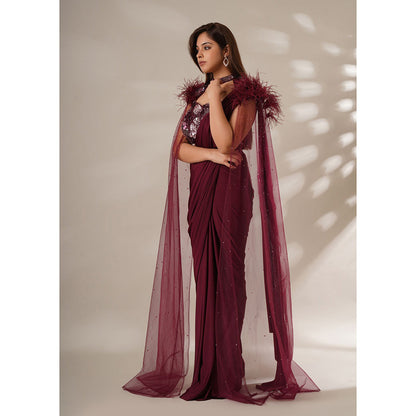 CHAASHNI BY MAANSI & KETAN Embellished Maroon Pre-Drape Saree with Stitched Blouse and Cape