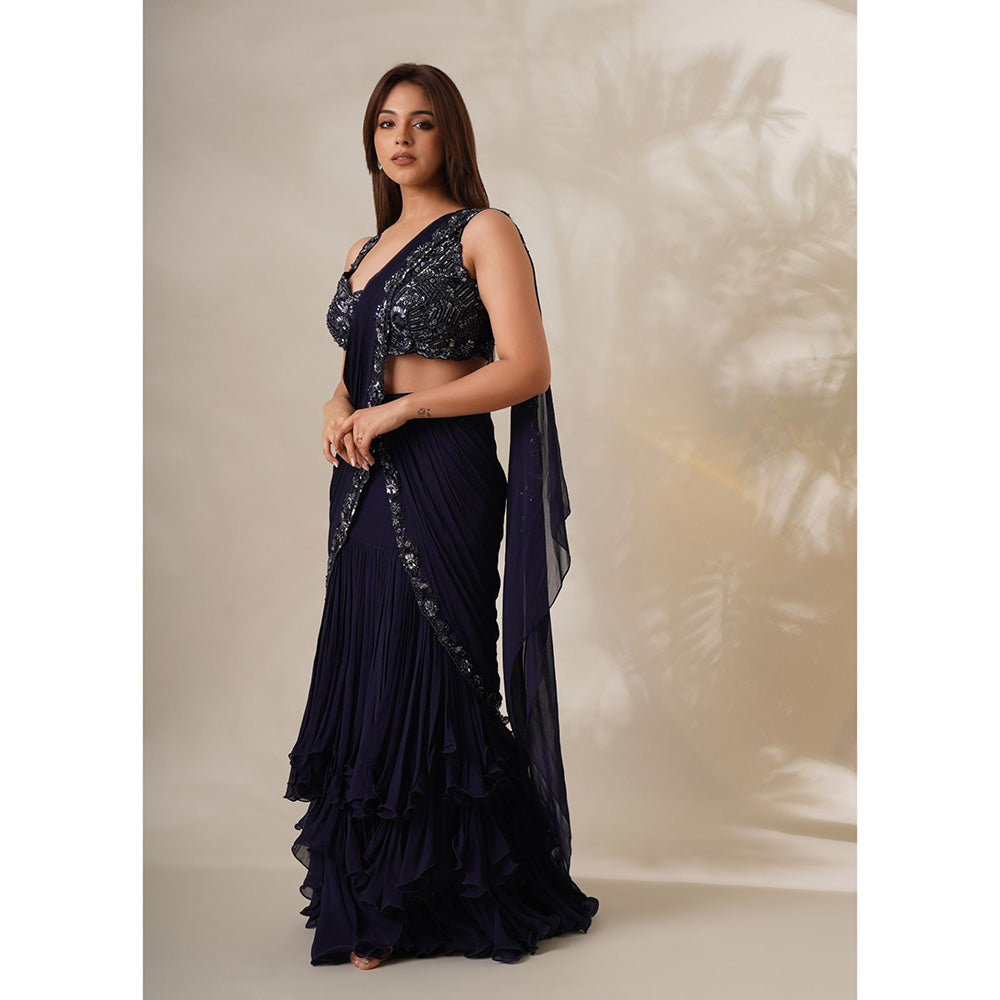 CHAASHNI BY MAANSI & KETAN Navy Blue Embellished Pre-Drape Saree with Stitched Blouse