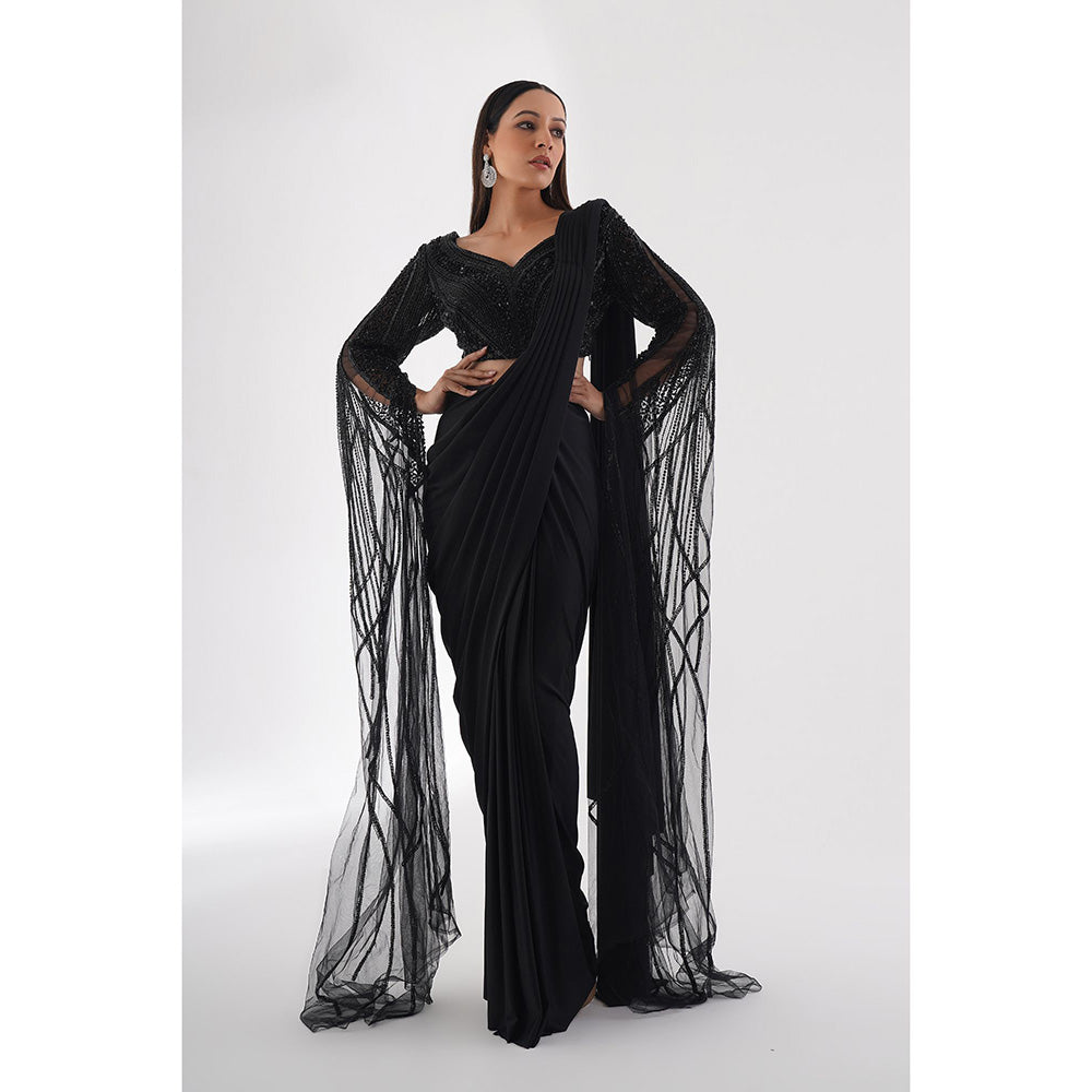 CHAASHNI BY MAANSI & KETAN Black Embellished Pre-Drape Saree with Stitched Blouse