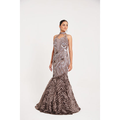 CHAASHNI BY MAANSI & KETAN Beige Net and Fur Gown