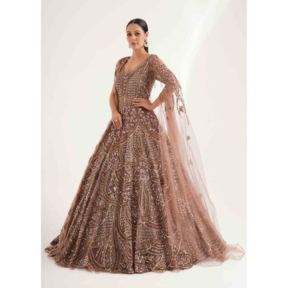 CHAASHNI BY MAANSI & KETAN Brown Embellished Net Gown with Drape (Set of 2)