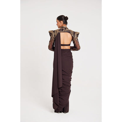 CHAASHNI BY MAANSI & KETAN Brown Embroidered Pre-Draped Saree with Stitched Blouse and Cape