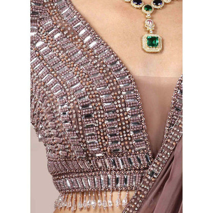 CHAASHNI BY MAANSI & KETAN Brown Sequinned Georgette Pre-Draped Saree with Stitched Blouse