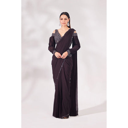 CHAASHNI BY MAANSI & KETAN Brown Hazel Georgette Pre-Draped Saree with Stitched Blouse
